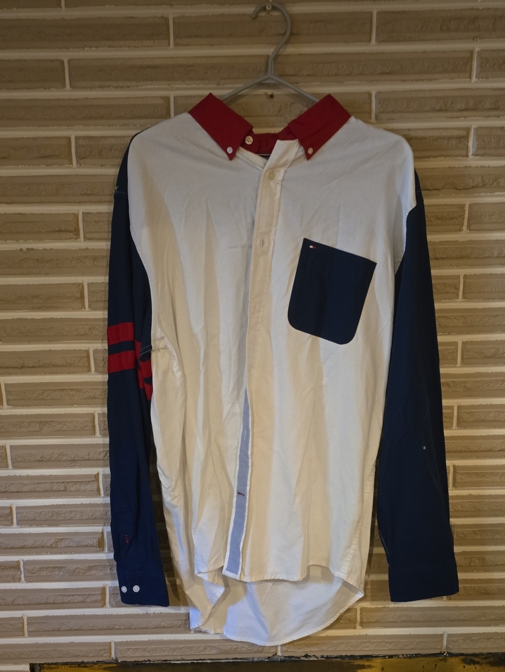 Tommy Hilfiger White Button-Down Shirt with Navy Pocket & Red Collar
